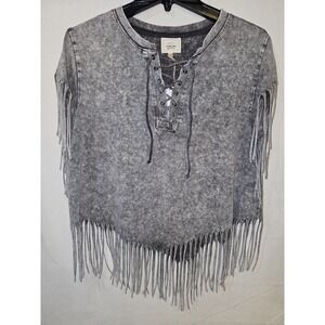 Sterling & Stitch Women's Size Large Fringe Short Sleeve Top Gray
